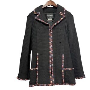 CHANEL Black Tweed Jacket with Multicolor Trim – Missing Buttons | As-Is